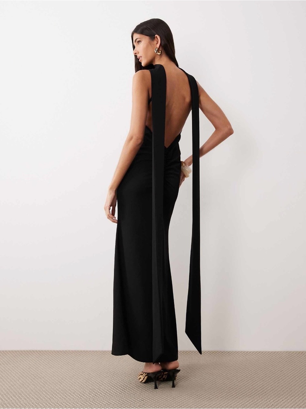 ASOS DESIGN Scarf-detail Plunge back Crepe Maxi Dress in Black Size Small